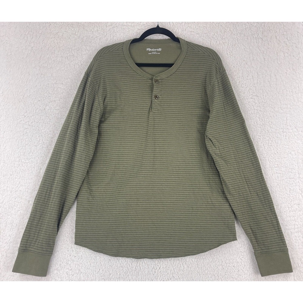 Madewell Henley T-Shirt Mens Large Green‎ Stripe 100% Cotton Long Sleeve Knit
